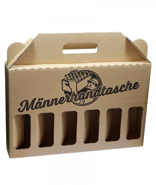 Flaschenträger-Karton 6er natur lang, bedruckt "Männerhandtasche" für 6x330ml Bierflaschen/Glasflaschen bis 60mm Durchmesser
